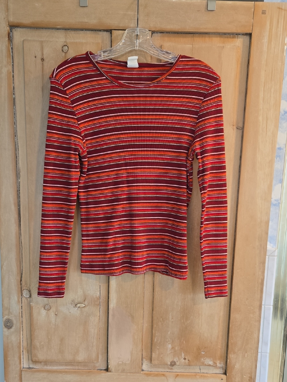 Striped Long-Sleeve Ribbed Top in Red